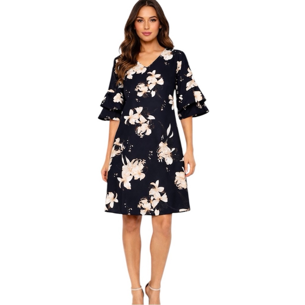 🆕 Navy Floral Bell Sleeve Midi Dress